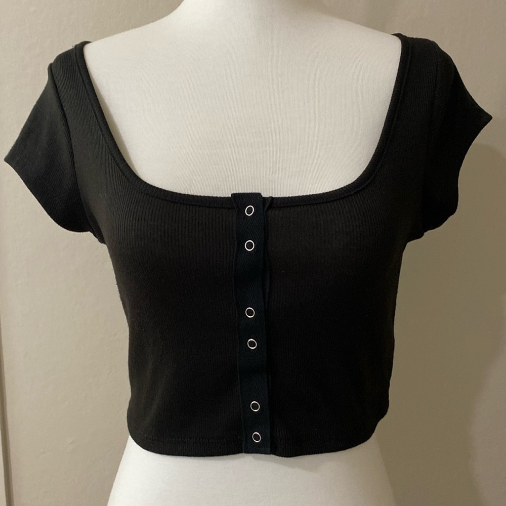Black Ribbed Button Down Crop Top, Size Small